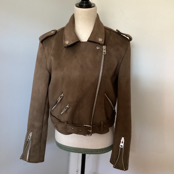 T TAHARI SIZE MEDIUM BROWN MOTO JACKET FAUX SUEDE - Picture 2 of 13
